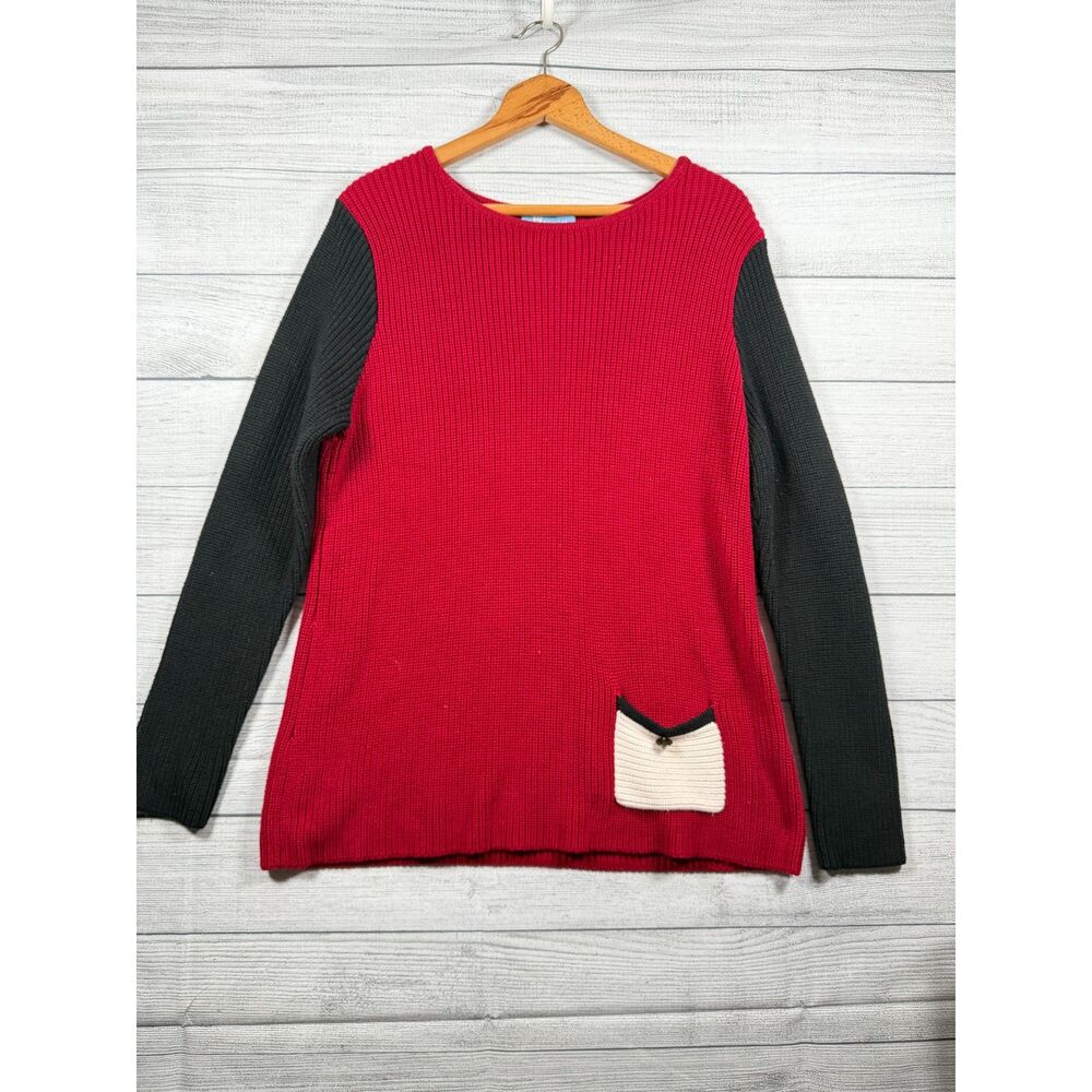 Koret Women's Large Red Black Colorblock Pocket Knit Sweater Pullover 4279